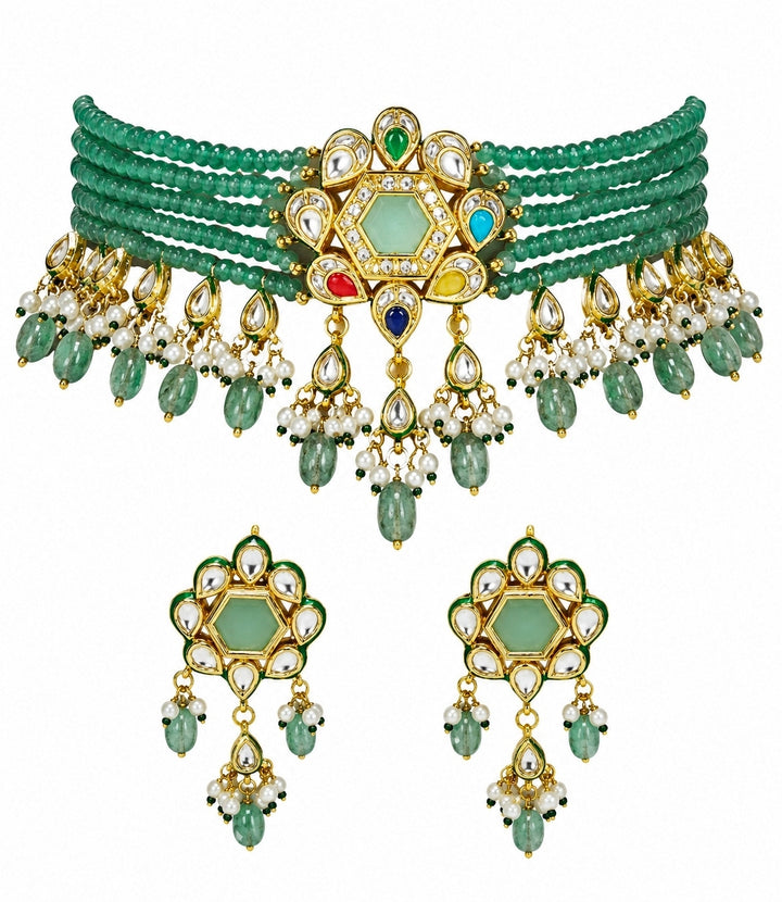 Green Beaded Polki Choker Set