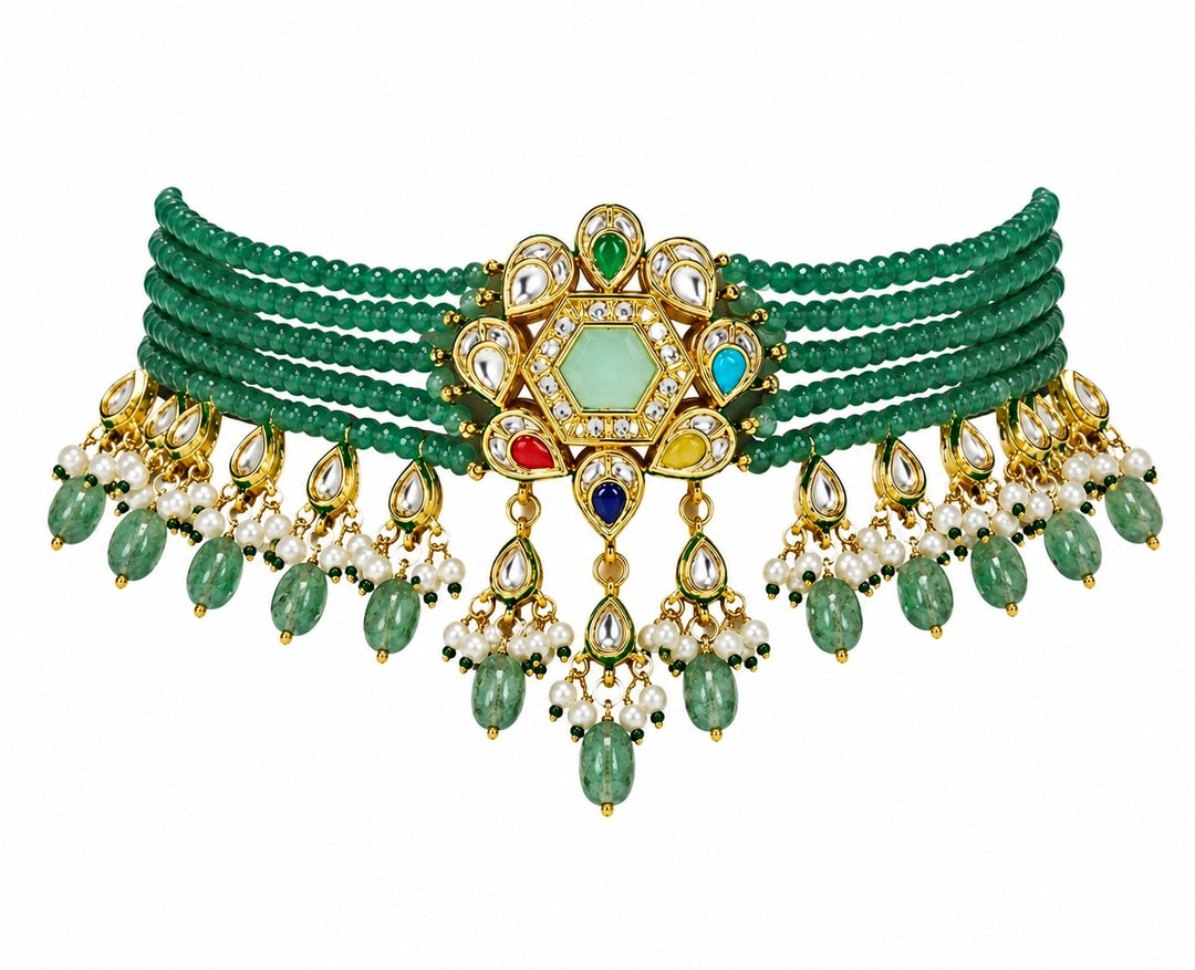 Green Beaded Polki Choker Set