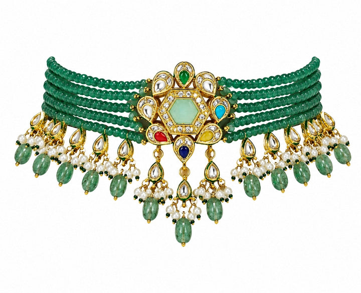 Green Beaded Polki Choker Set