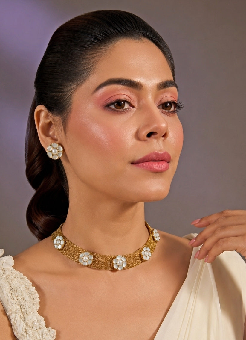 Gold Floral Mesh Choker Necklace Set