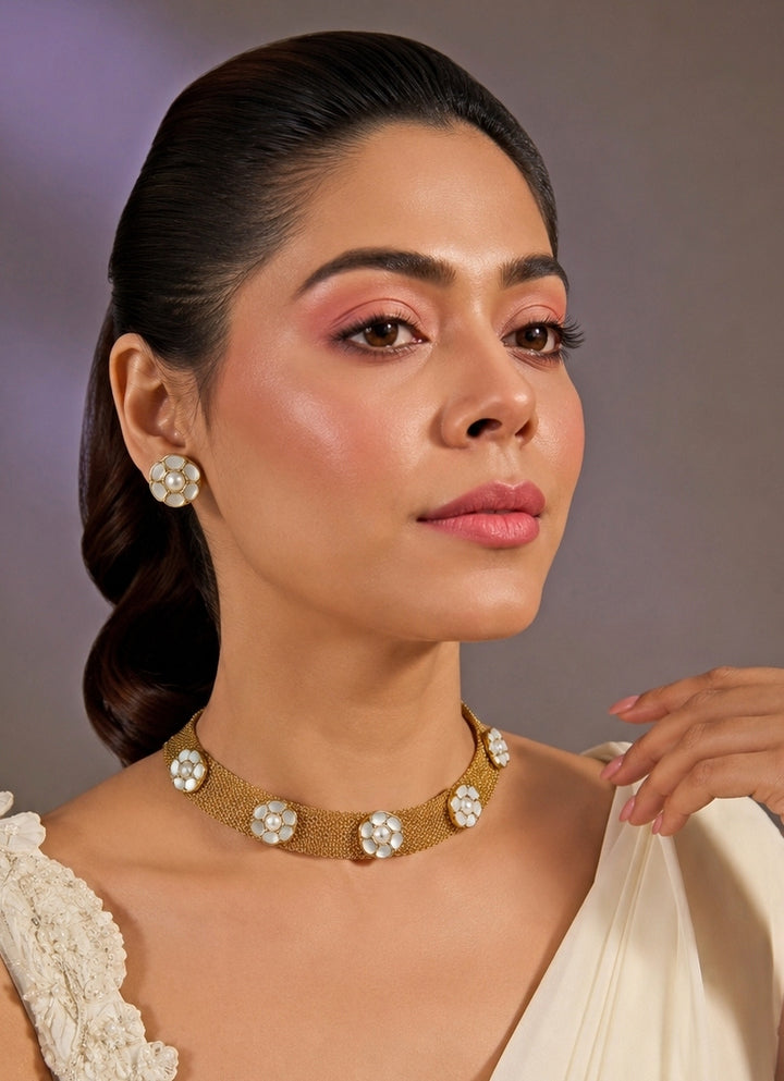 Gold Floral Mesh Choker Necklace Set