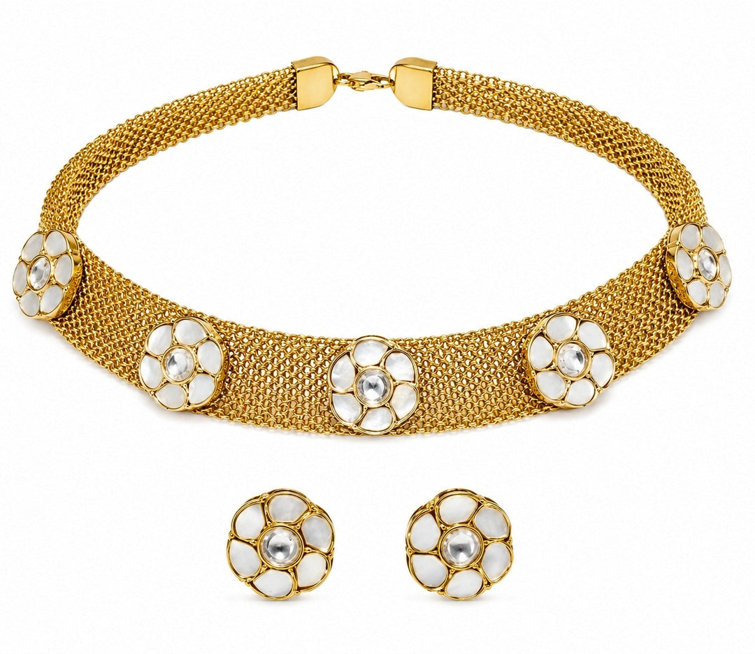 Gold Floral Mesh Choker Necklace Set