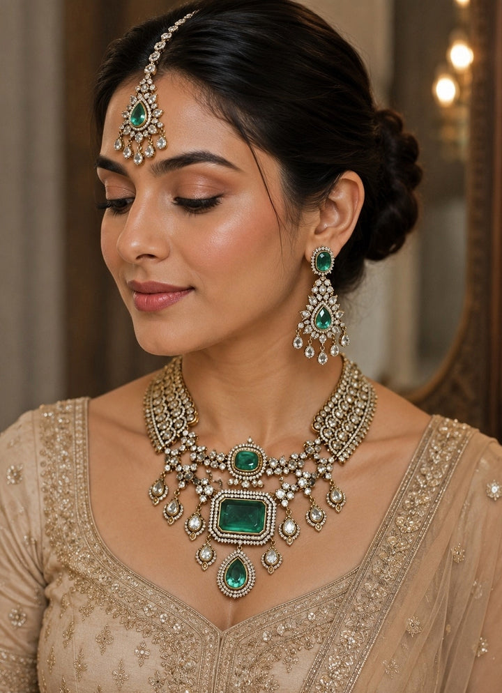 Emerald Green Polki Bridal Necklace Set