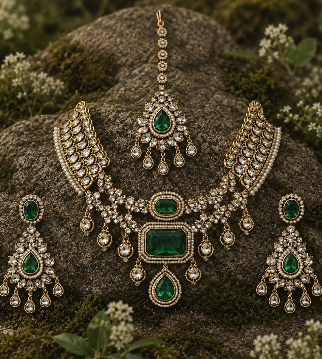 Emerald Green Polki Bridal Necklace Set