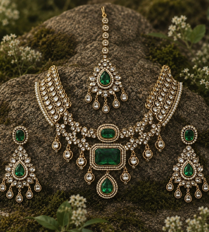 Emerald Green Polki Bridal Necklace Set