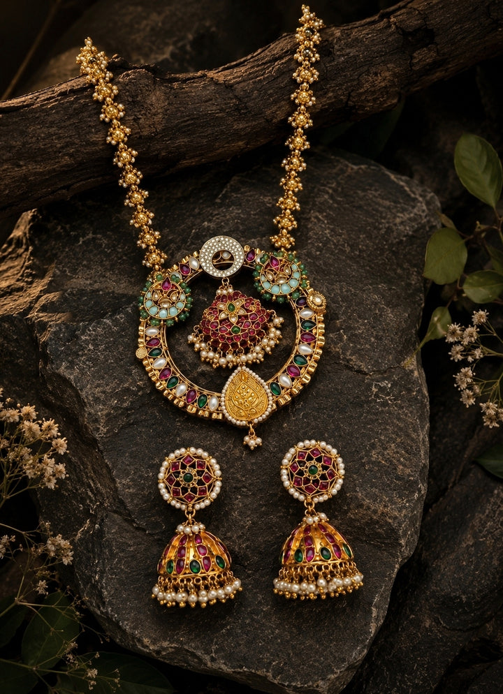 Gold Heritage Polki Long Pendant Necklace Set