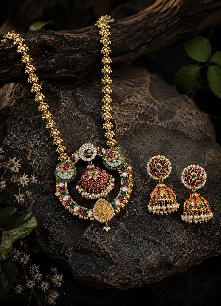 Gold Heritage Polki Long Pendant Necklace Set