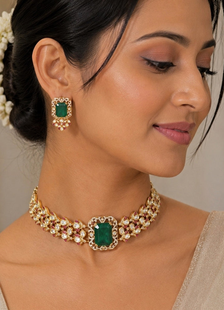 Emerald Green Polki Choker Necklace Set