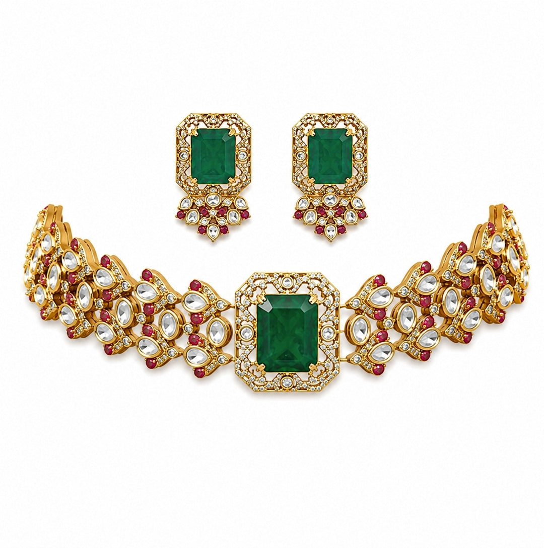 Emerald Green Polki Choker Necklace Set