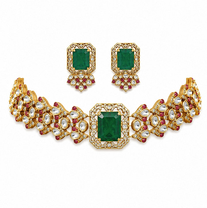 Emerald Green Polki Choker Necklace Set
