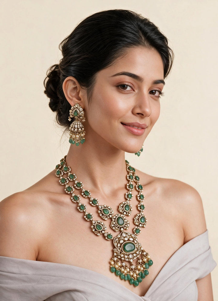 Two Layer Sage Green Moissanite Necklace Set