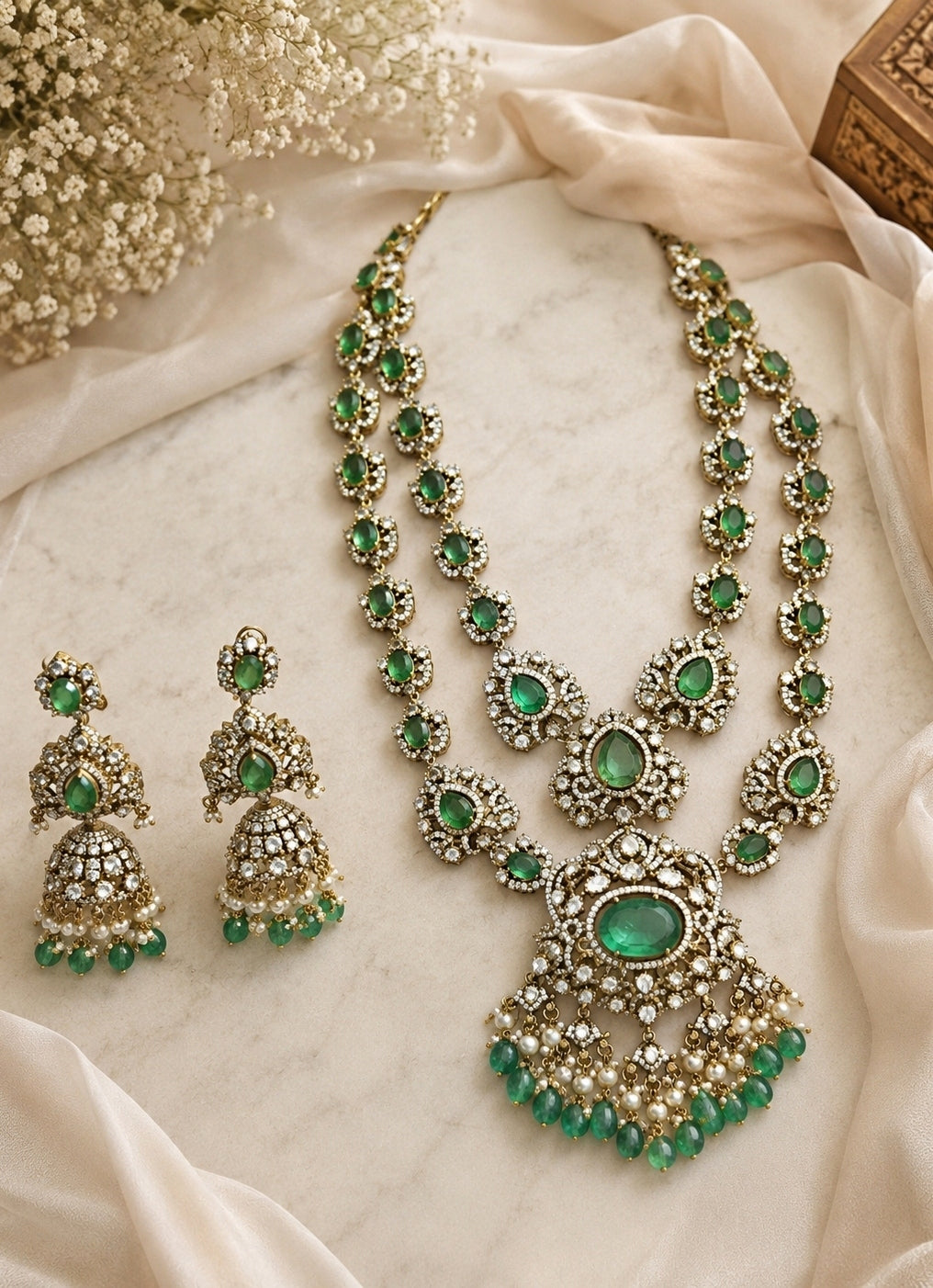 Two Layer Sage Green Moissanite Necklace Set