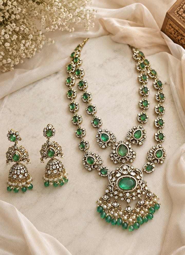 Two Layer Sage Green Moissanite Necklace Set