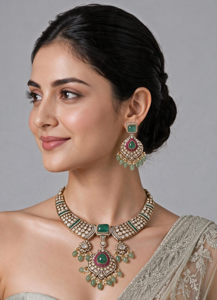 Emerald Polki Statement Necklace Set