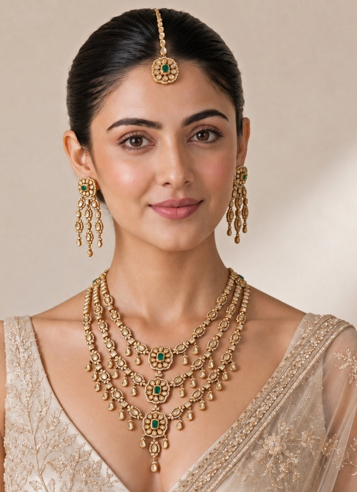 Three Layer Emerald Kundan Necklace Set