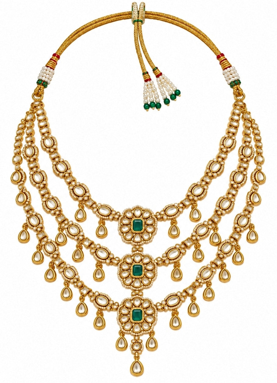 Three Layer Emerald Kundan Necklace Set