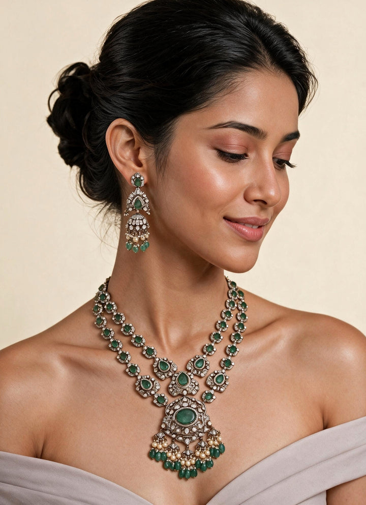 Two Layer Emerald Moissanite Polki Necklace Set