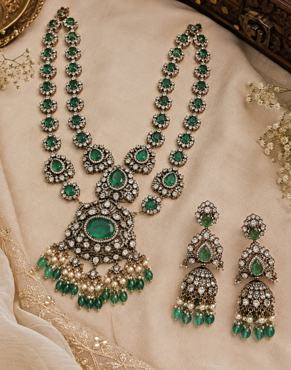 Two Layer Emerald Moissanite Polki Necklace Set