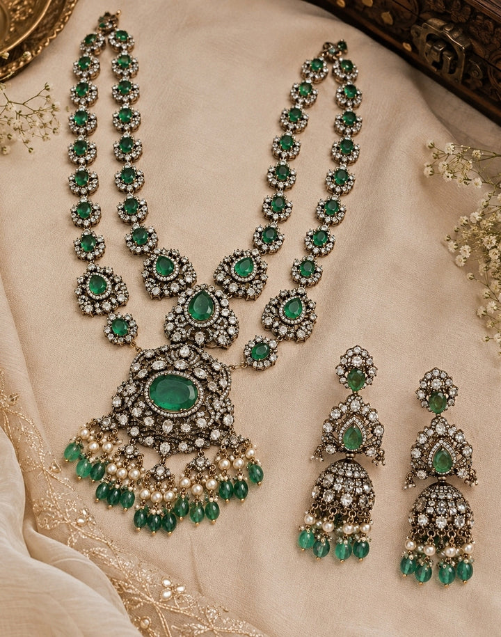 Two Layer Emerald Moissanite Polki Necklace Set