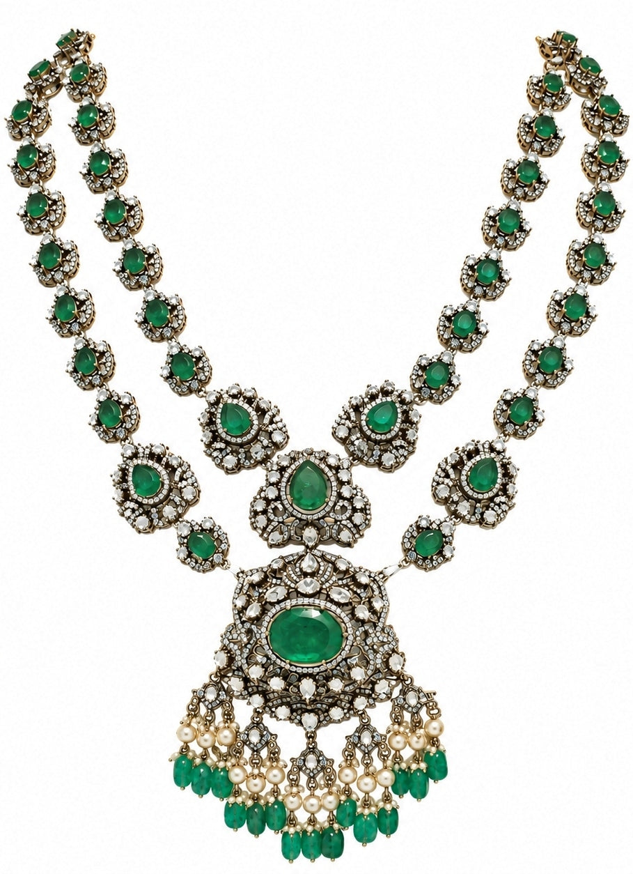 Two Layer Emerald Moissanite Polki Necklace Set