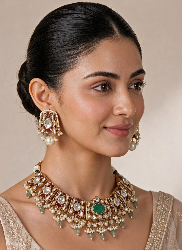 Sage Green Gold Plated Kundan Choker Set