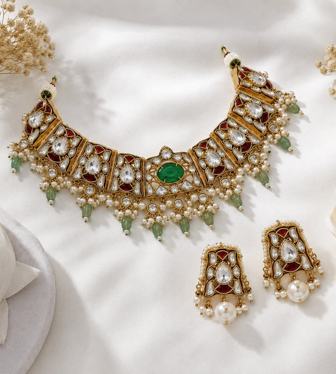 Sage Green Gold Plated Kundan Choker Set