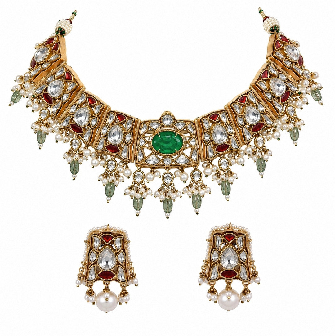 Sage Green Gold Plated Kundan Choker Set