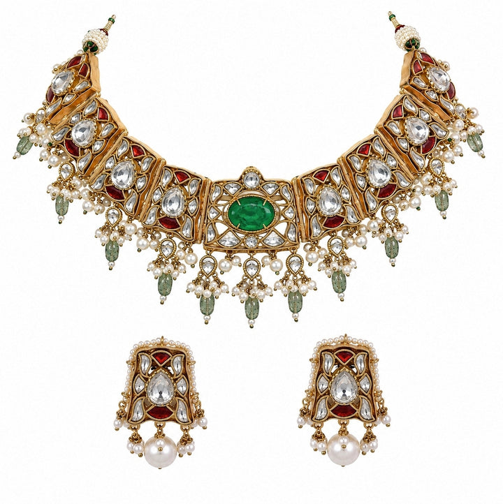 Sage Green Gold Plated Kundan Choker Set
