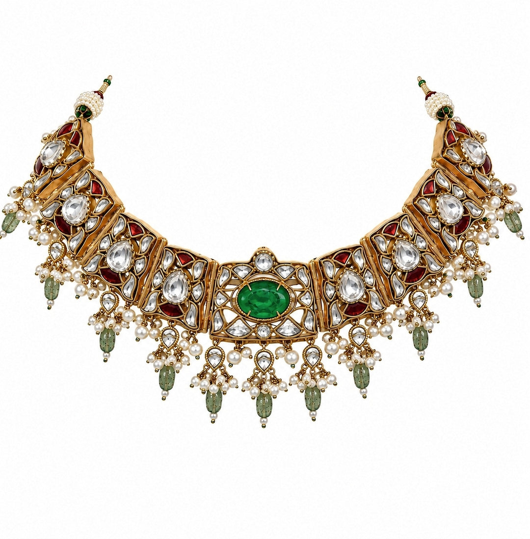 Sage Green Gold Plated Kundan Choker Set