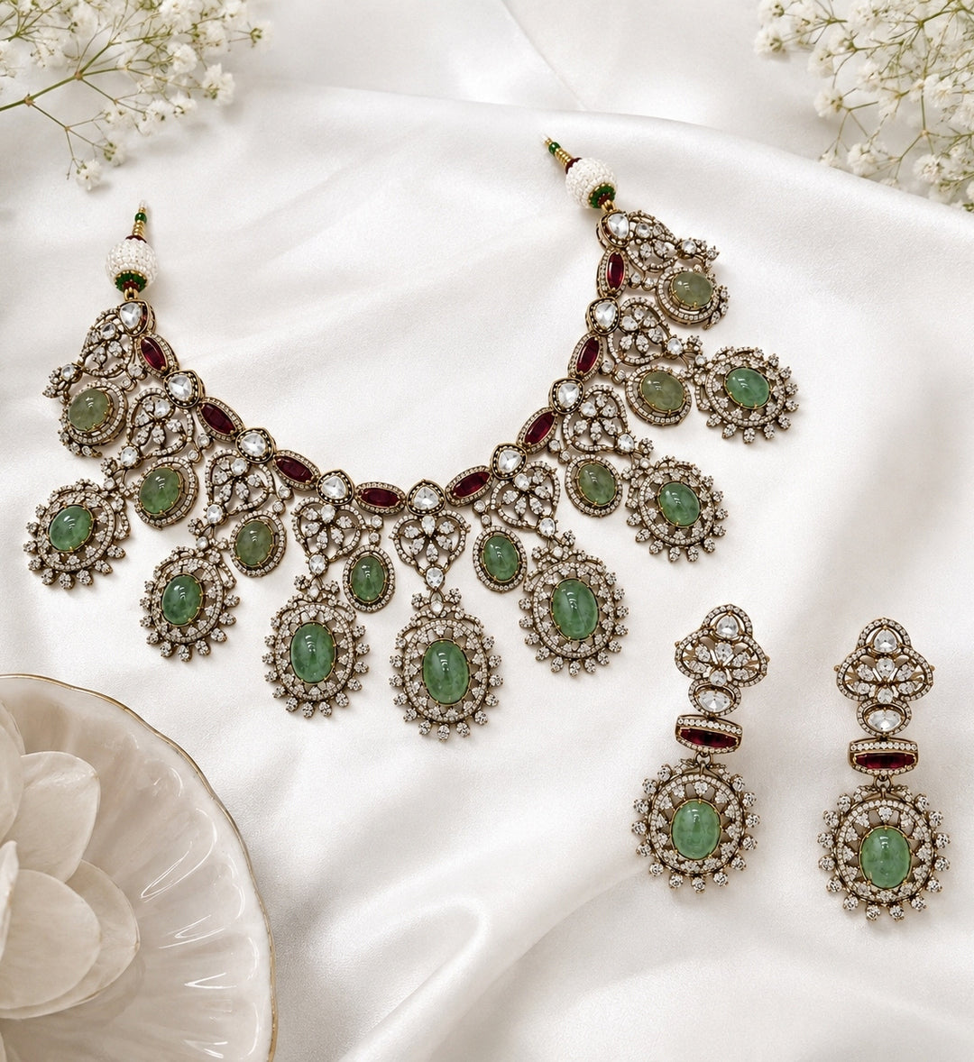 Sage Green Gold Plated Zircon Necklace Set