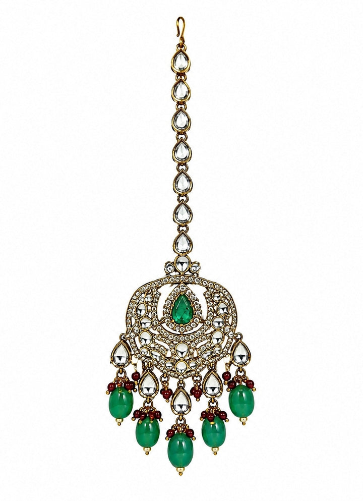 Emerald Green Gold Plated Kundan Long Necklace Set