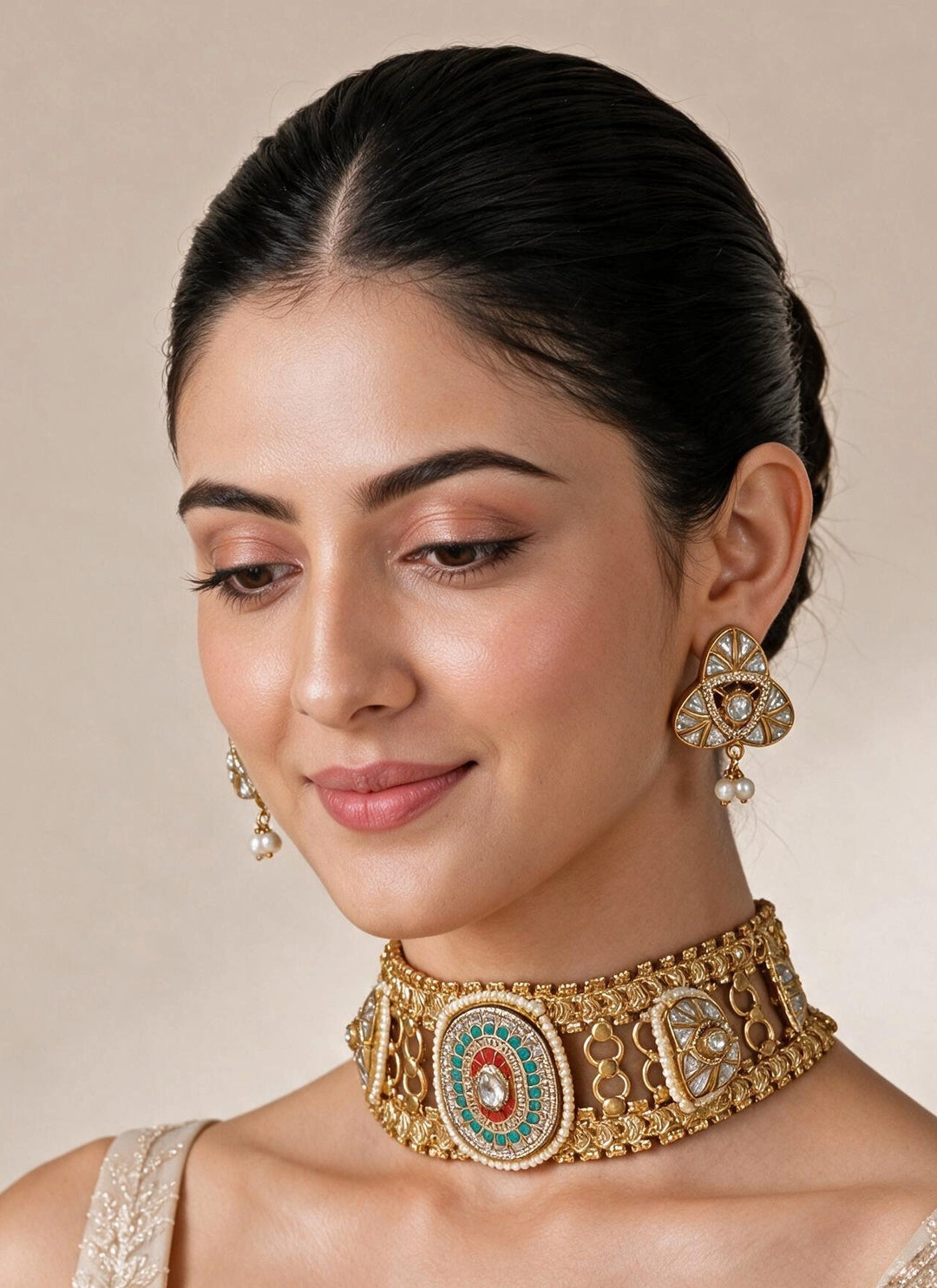 Multicoloured Jadau Kundan Choker Set With Pearl Accents