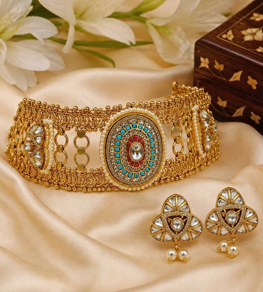 Multicoloured Jadau Kundan Choker Set With Pearl Accents