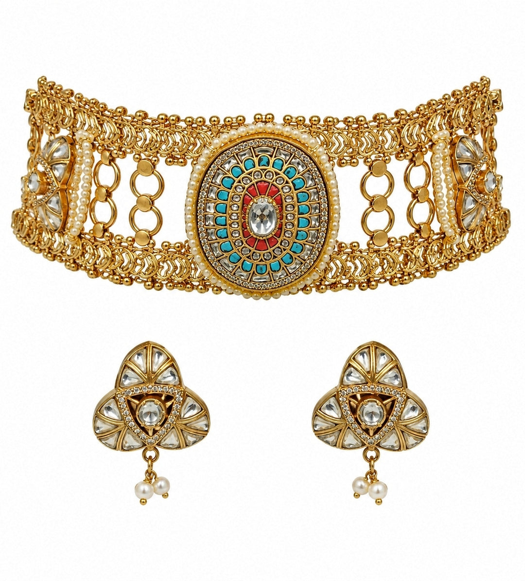 Multicoloured Jadau Kundan Choker Set With Pearl Accents