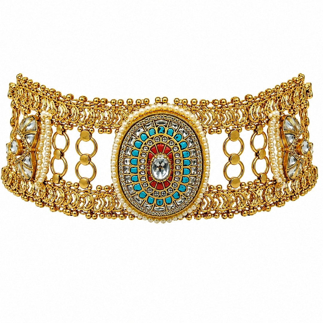 Multicoloured Jadau Kundan Choker Set With Pearl Accents