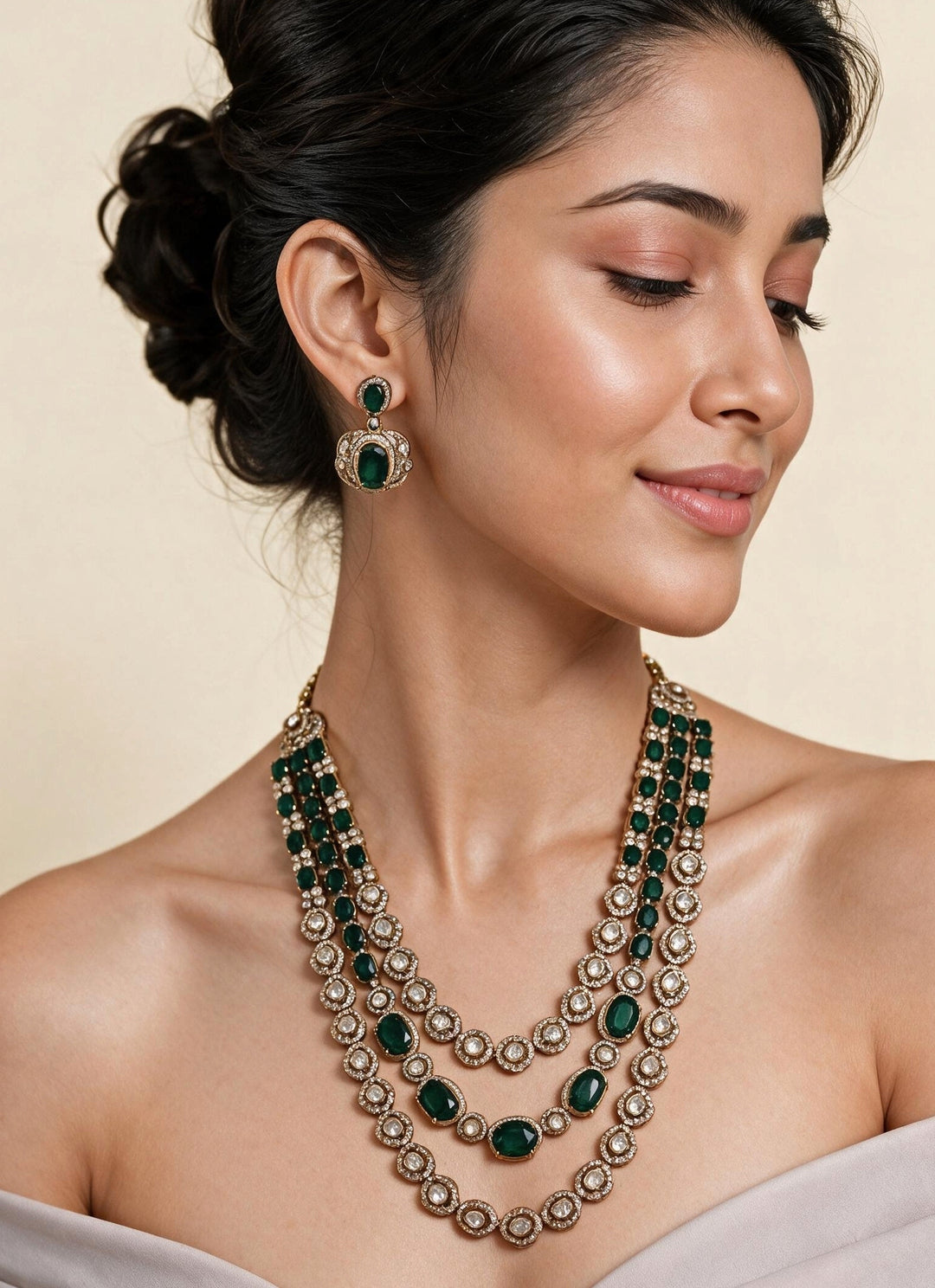 Three Layer Emerald Green Moissanite Necklace Set