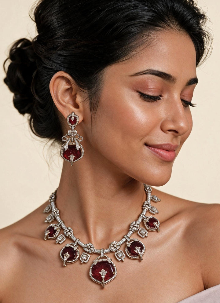 Gold Plated Ruby Red Moissanite Necklace Set