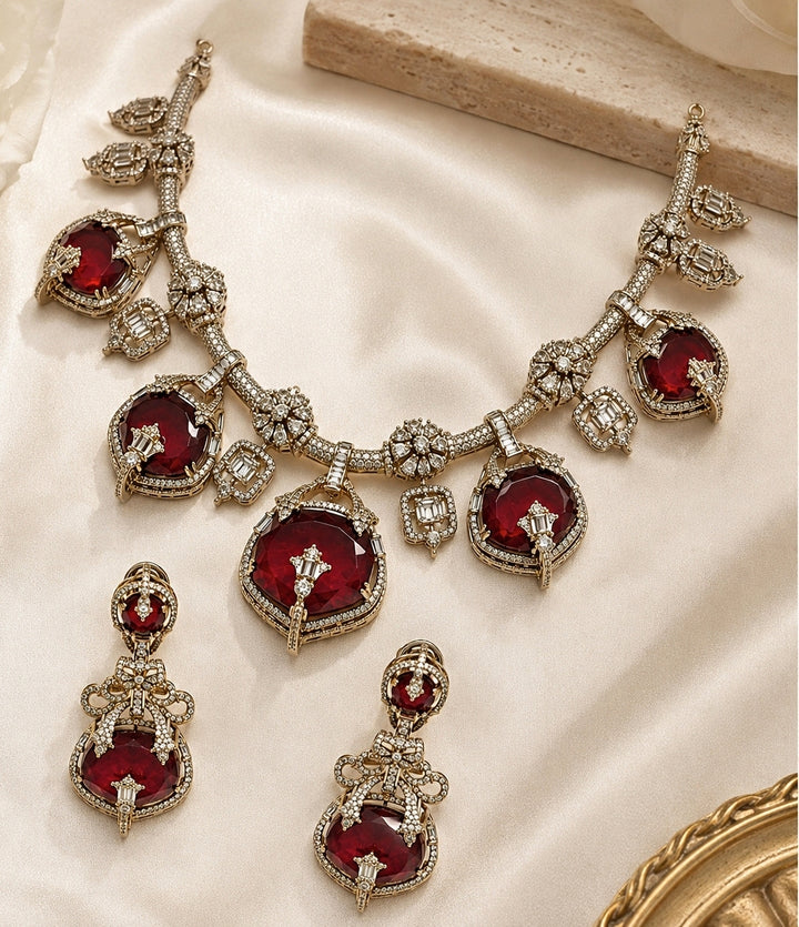 Gold Plated Ruby Red Moissanite Necklace Set