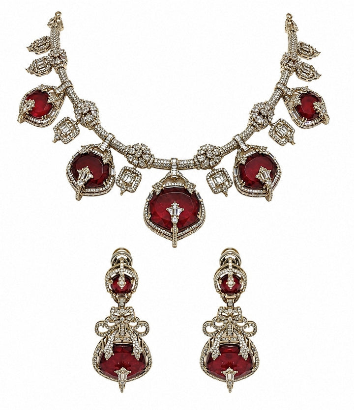 Gold Plated Ruby Red Moissanite Necklace Set