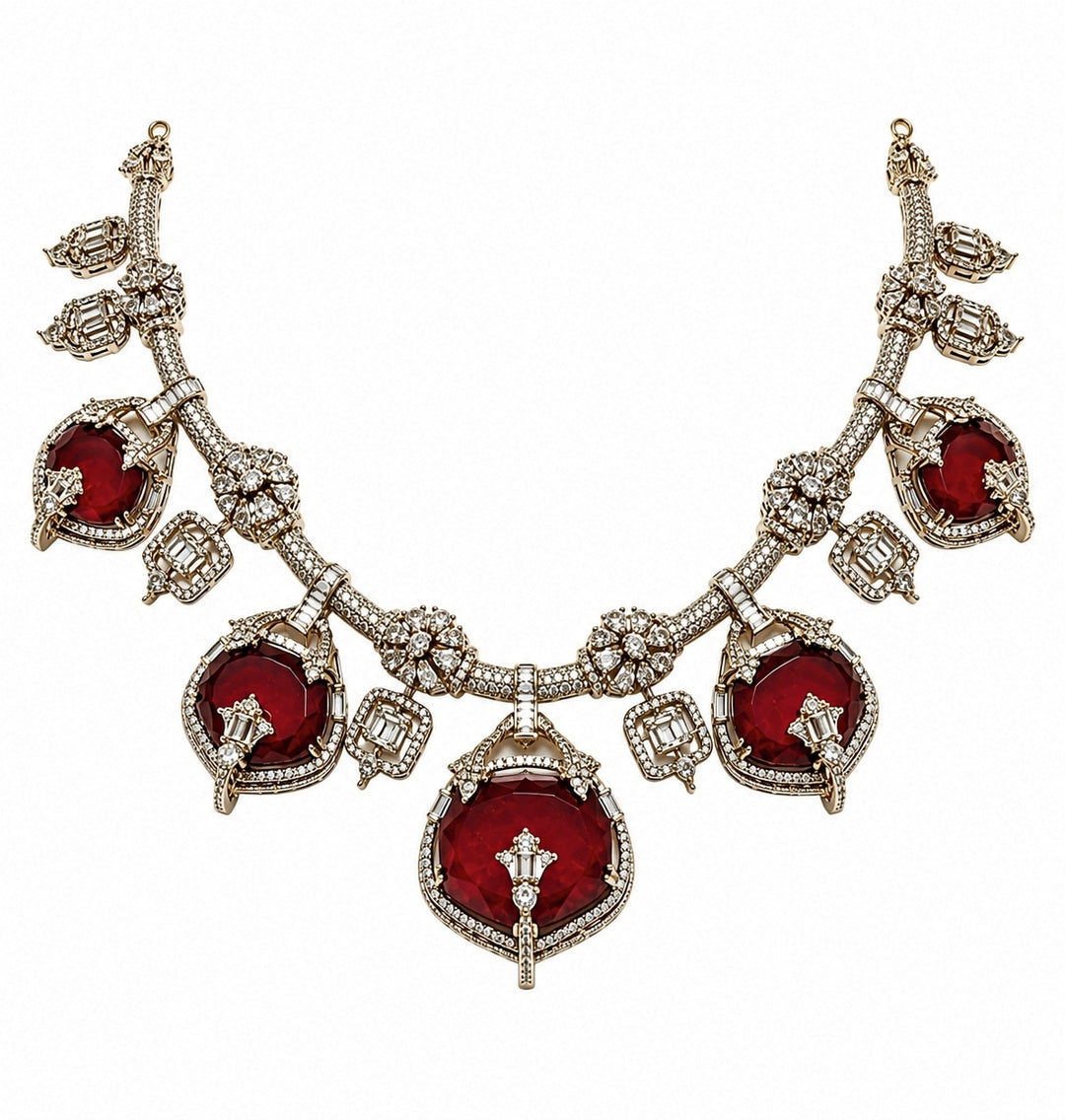 Gold Plated Ruby Red Moissanite Necklace Set