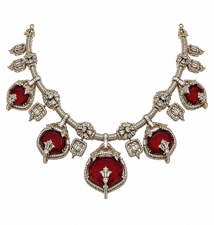 Gold Plated Ruby Red Moissanite Necklace Set