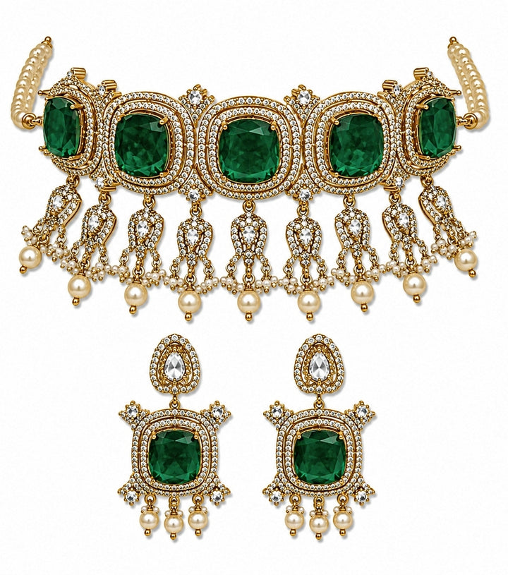 Emerald Green Moissanite Pearl Choker Set