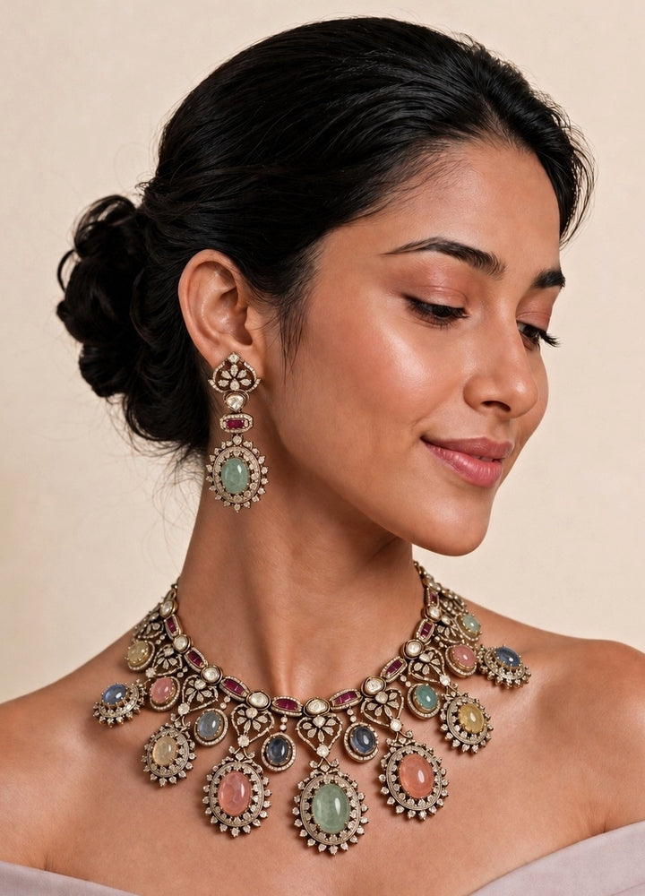 Multicolour Gold Plated Moissanite Necklace Set