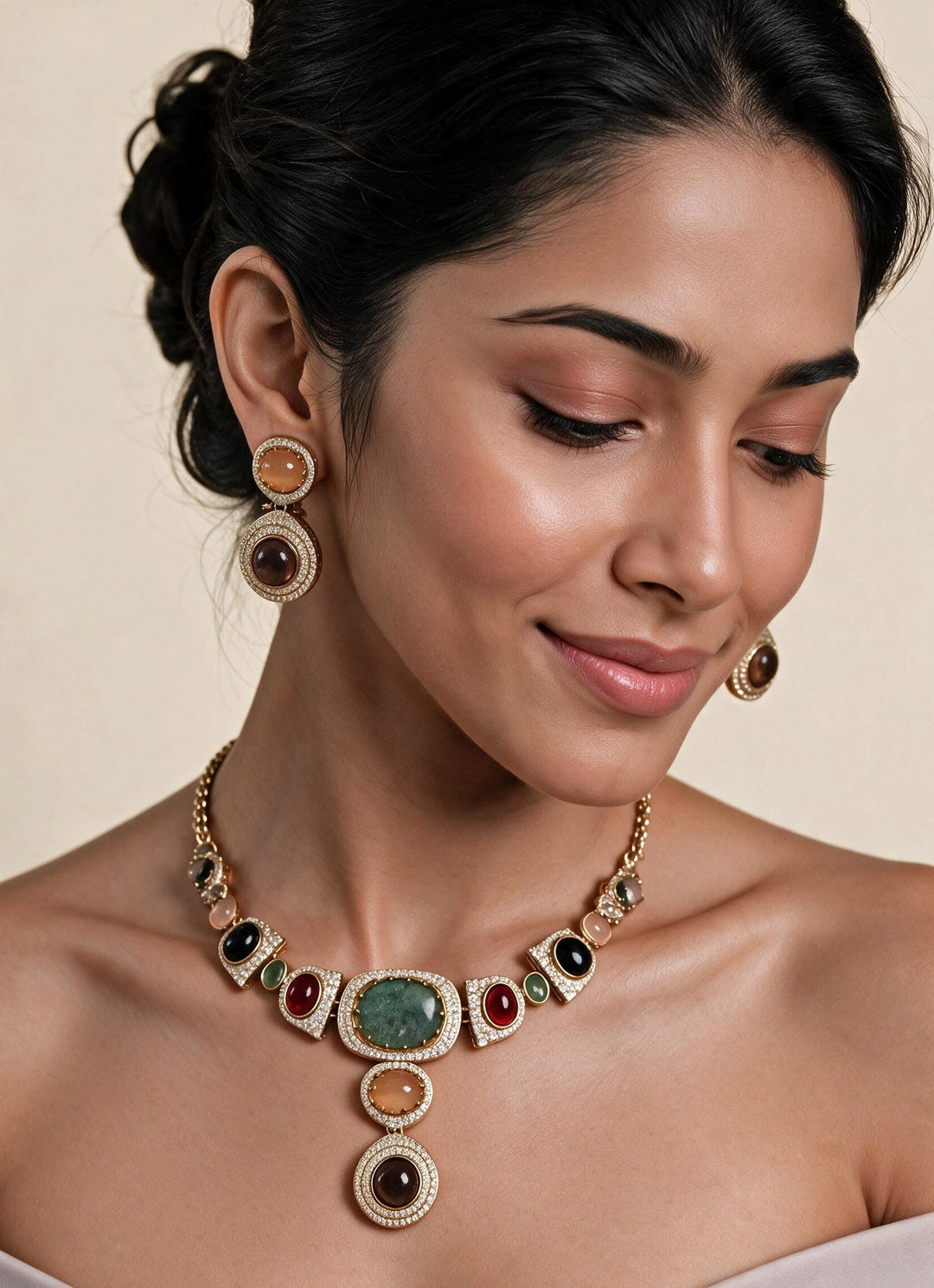 Gold Plated Multicolour Moissanite Necklace Set