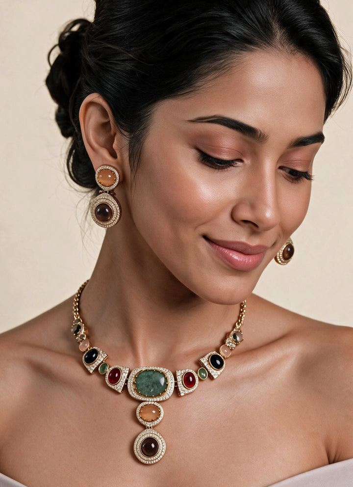 Gold Plated Multicolour Moissanite Necklace Set