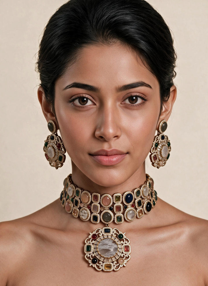 Multicolour Gold Plated Moissanite Choker Set
