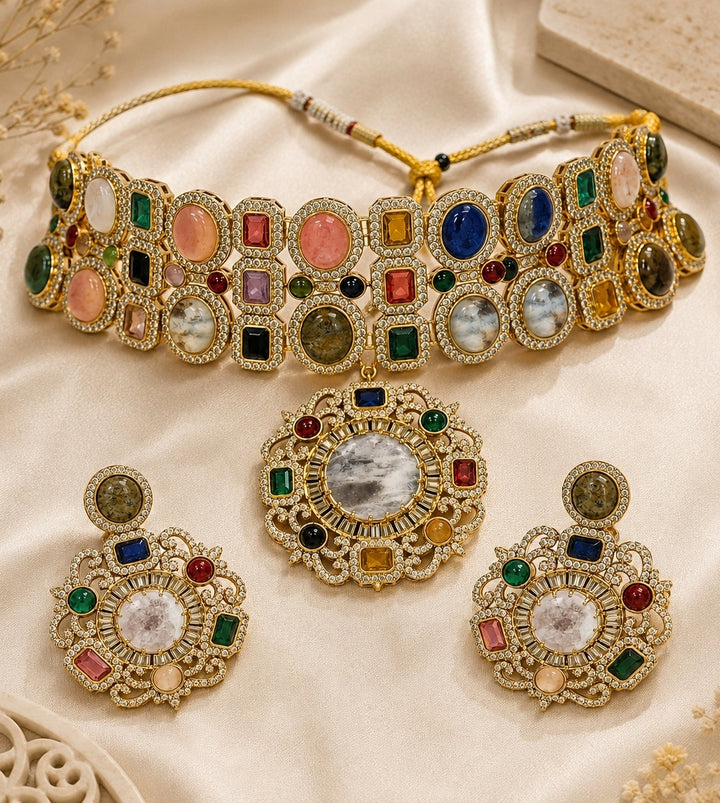 Multicolour Gold Plated Moissanite Choker Set