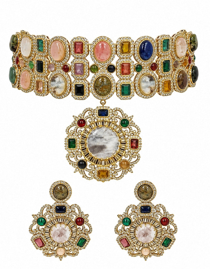 Multicolour Gold Plated Moissanite Choker Set