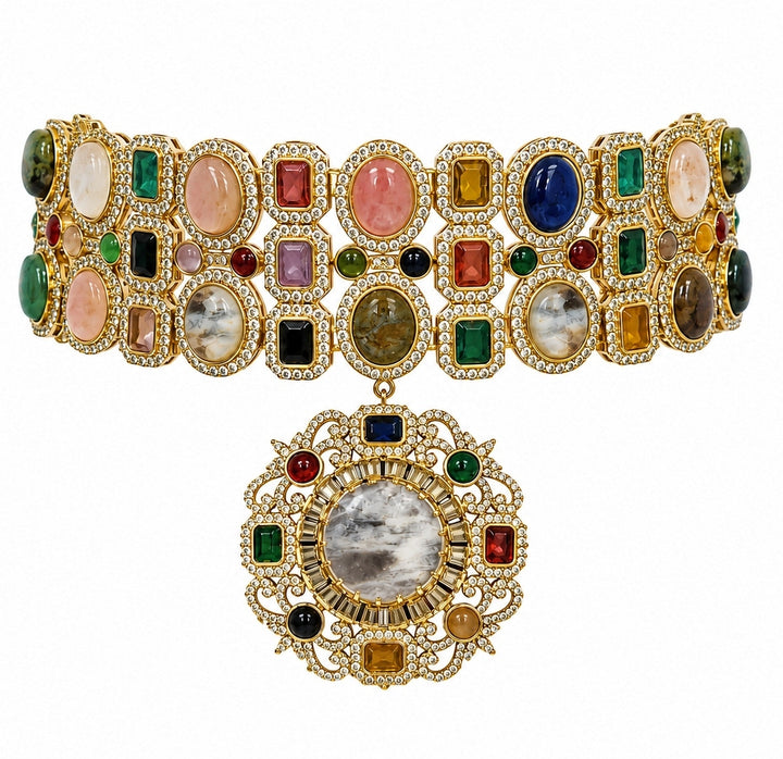 Multicolour Gold Plated Moissanite Choker Set