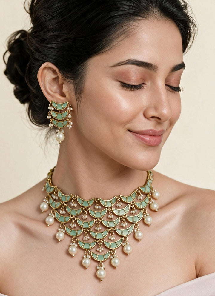 Sage Green Pearl Necklace Set